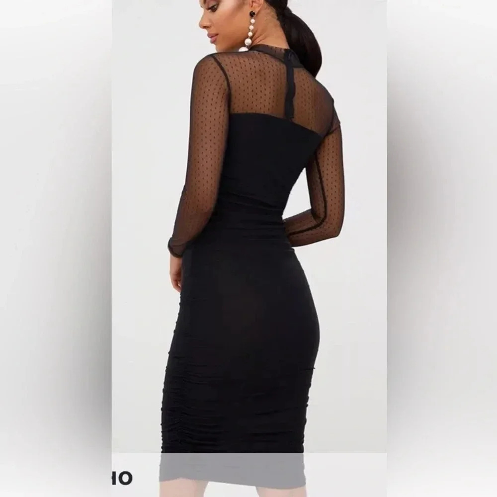 Pretty Little Thing Black Illusion Ruched Bodycon Midi‎ Dress Womens 6 (1222) - Picture 2 of 6